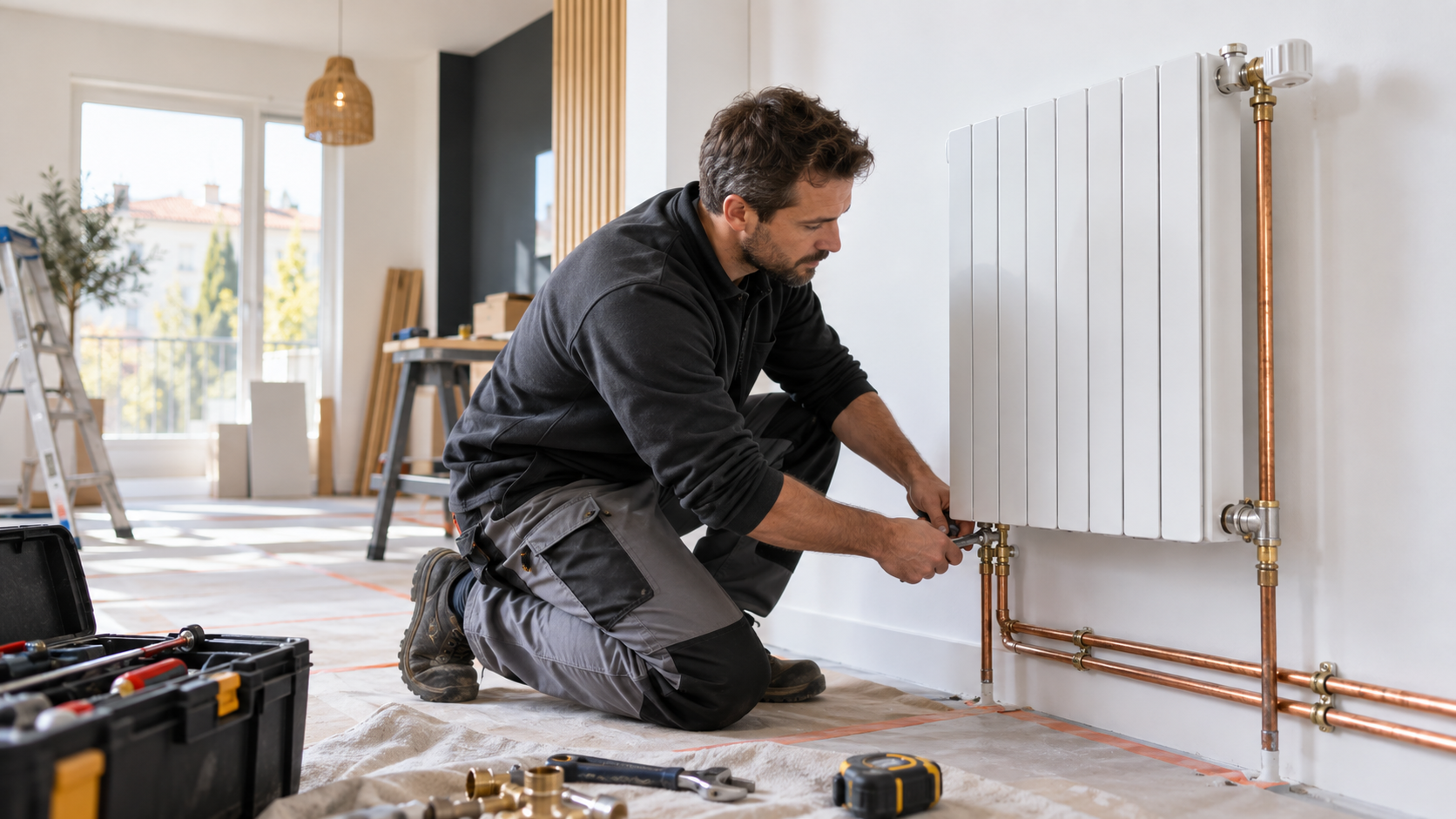 Technicien installant un radiateur moderne