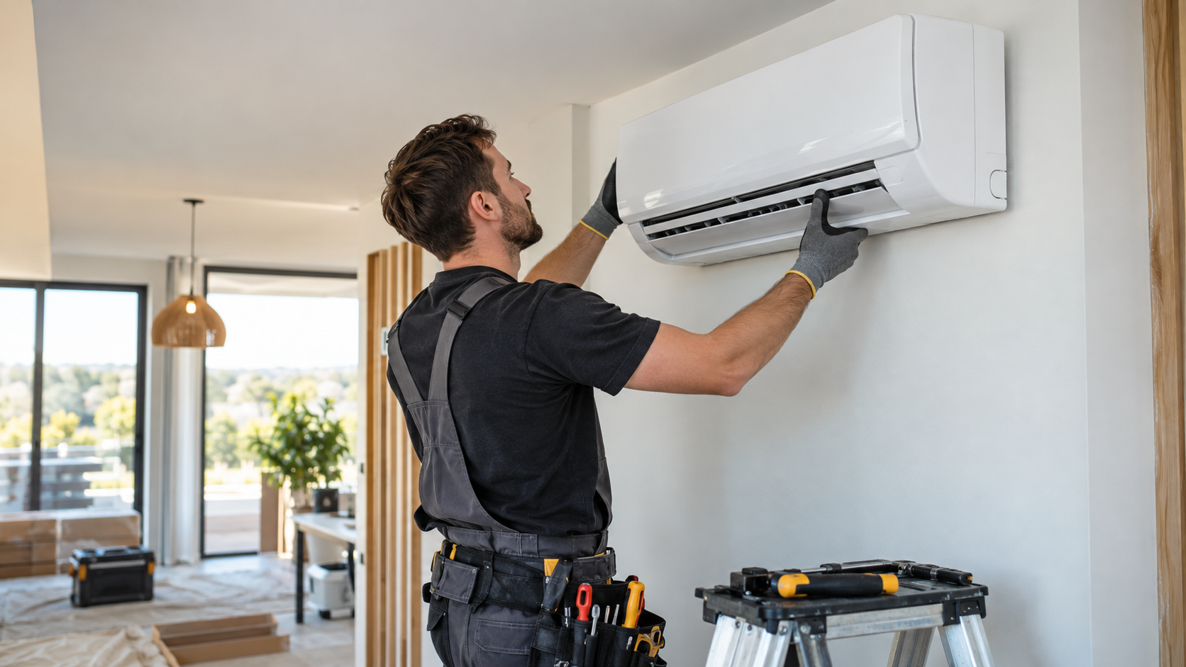 Technicien installant une climatisation murale