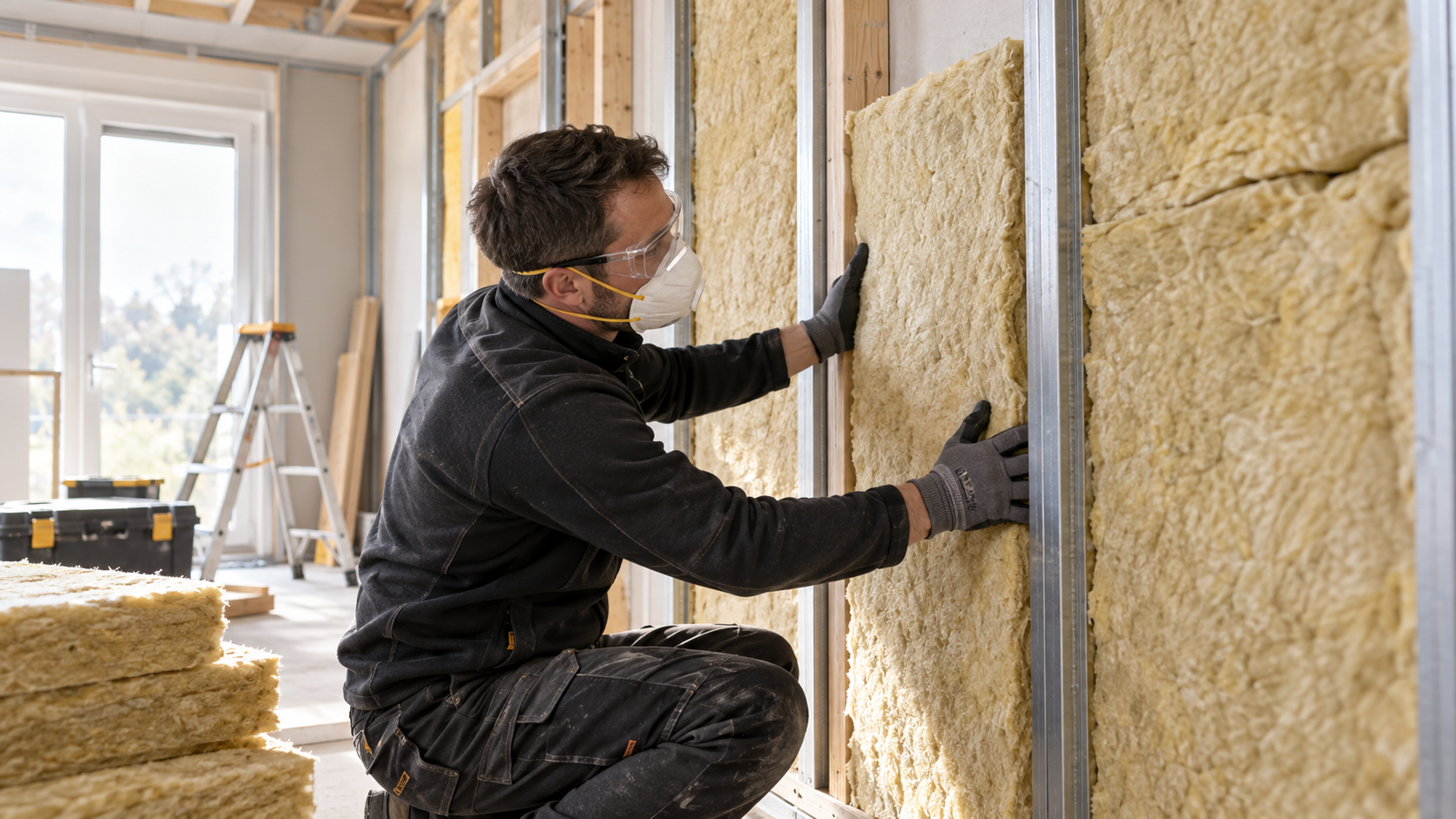 Artisan posant une isolation thermique intérieure
